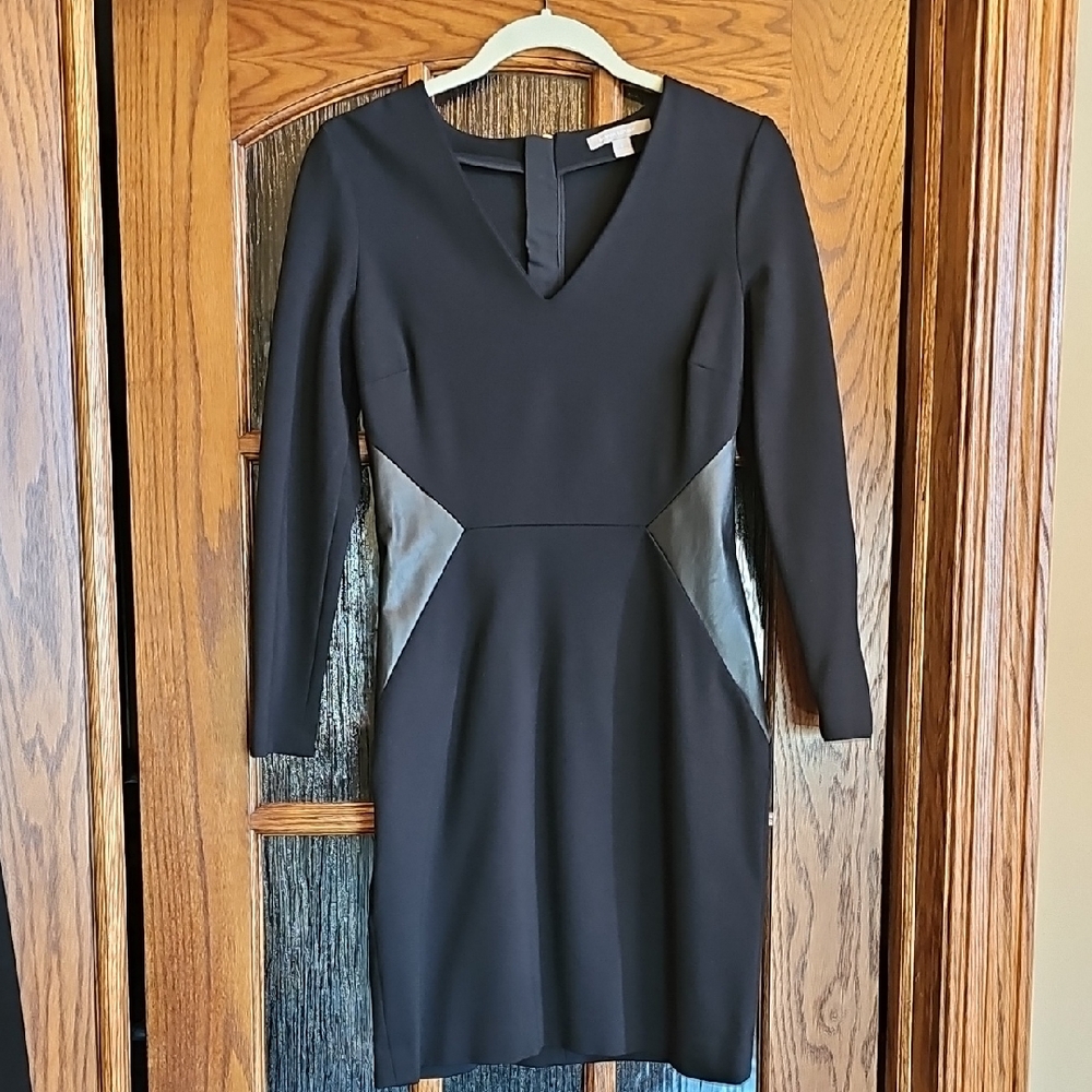 Banana Republic Black Long-Sleeve V-Neck Dress with Faux Leather Panels